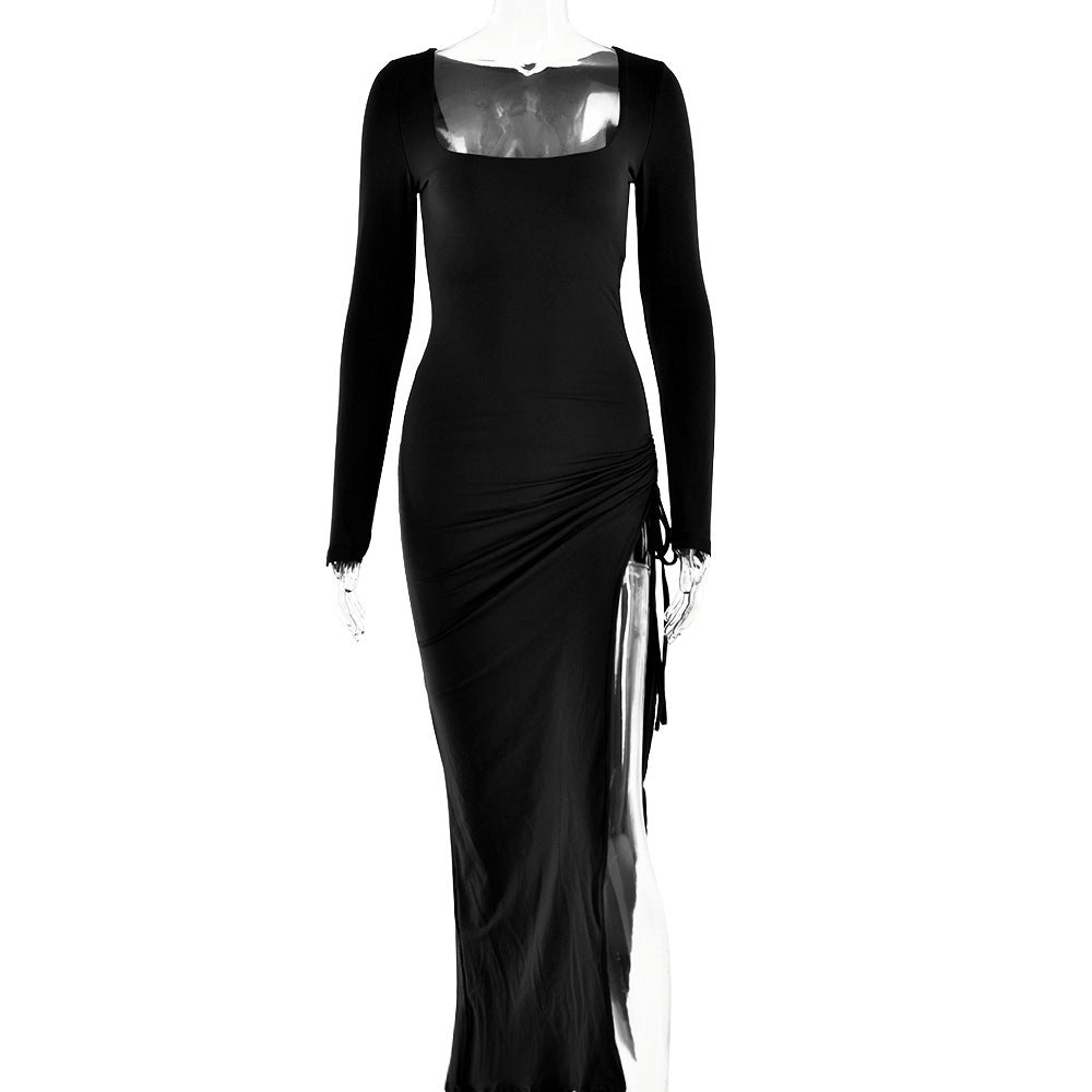 Woman Square-neck Split Long Sleeve Stitching Drawstring Design Long Dress
