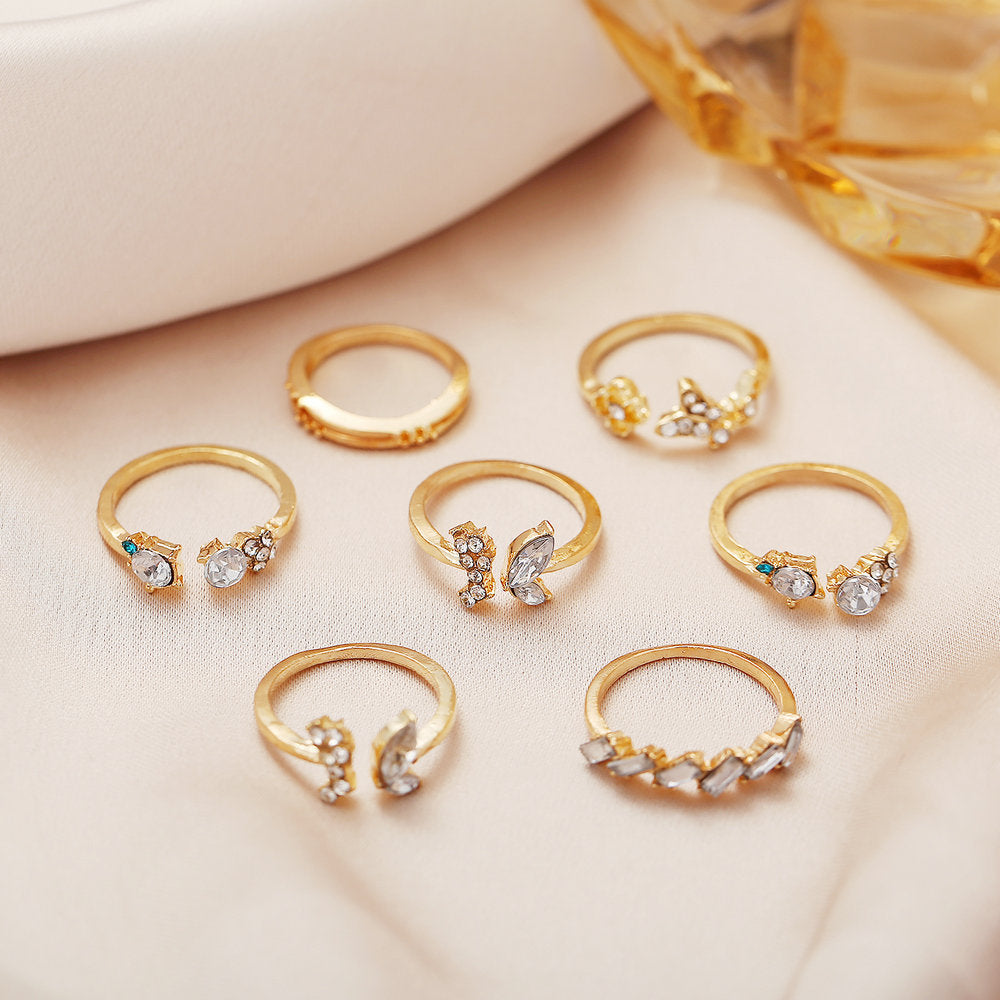 7-piece Vintage Crystal Ring Set With Diamonds, Butterflies And Flowers