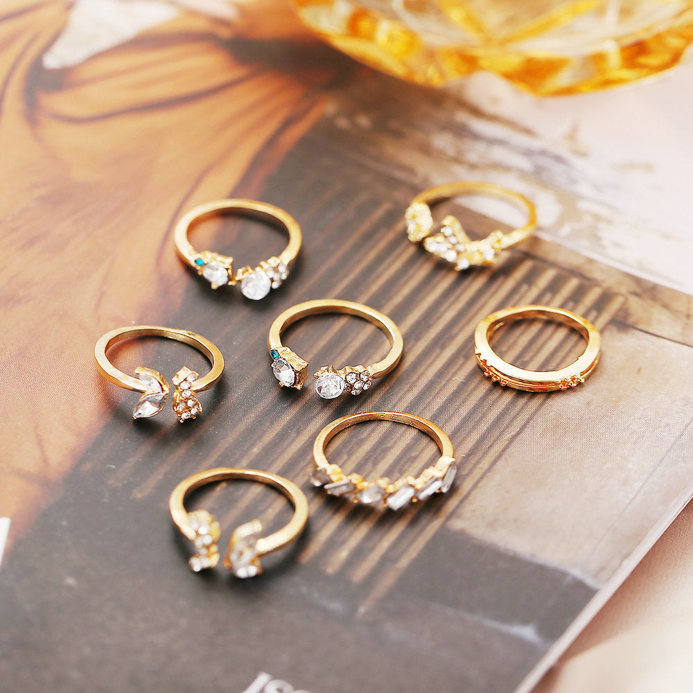 7-piece Vintage Crystal Ring Set With Diamonds, Butterflies And Flowers