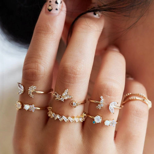 7-piece Vintage Crystal Ring Set With Diamonds, Butterflies And Flowers