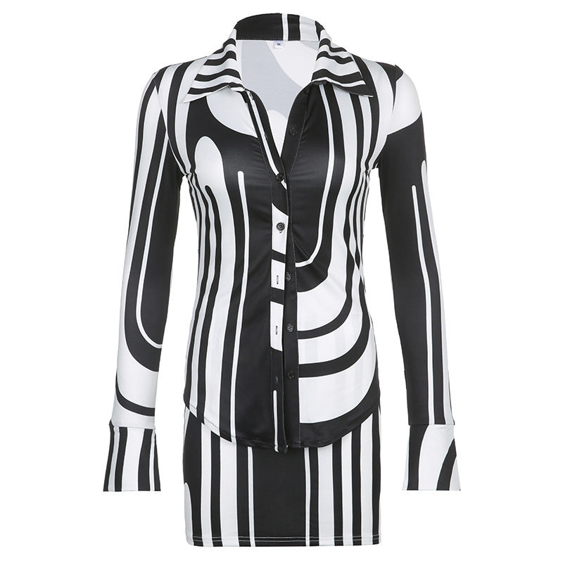 Corrugated Printing Lapel Shirt Top And Skirt Two-piece Set
