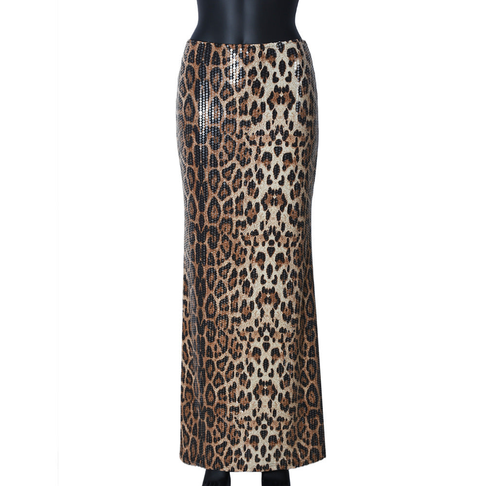 Leopard Sequin Stitching Stretch Skirt