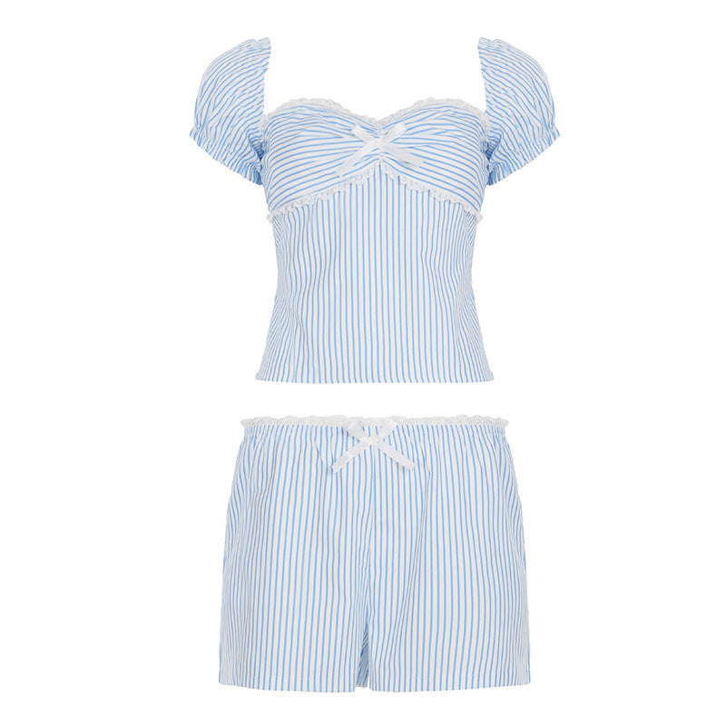 French Pastoral  Lace Fluted Collar Striped Top Shorts Suit