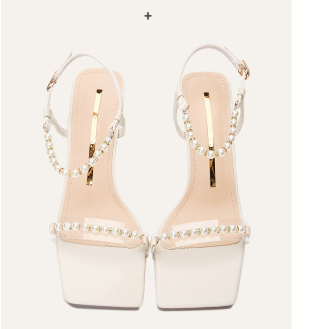 Small Square Toe Mid-heel High Heels With Pearl And Roman Sandals