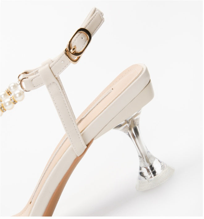 Small Square Toe Mid-heel High Heels With Pearl And Roman Sandals