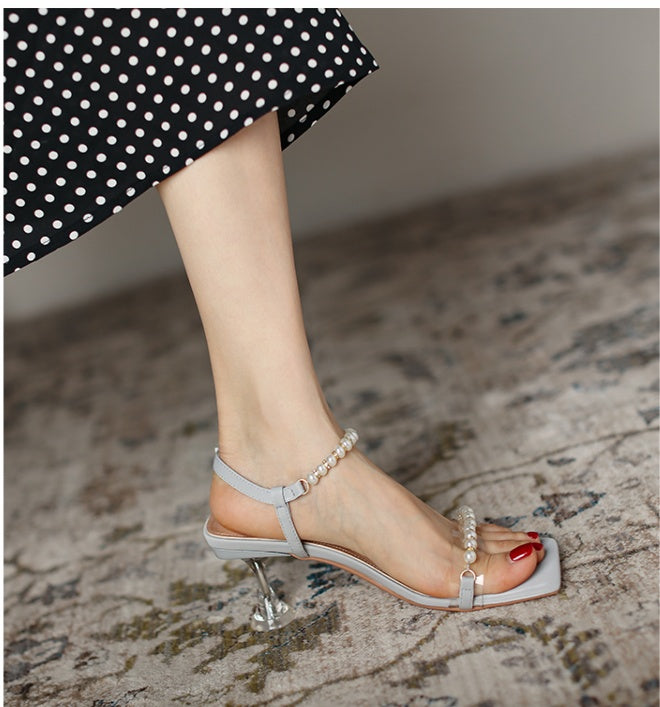 Small Square Toe Mid-heel High Heels With Pearl And Roman Sandals