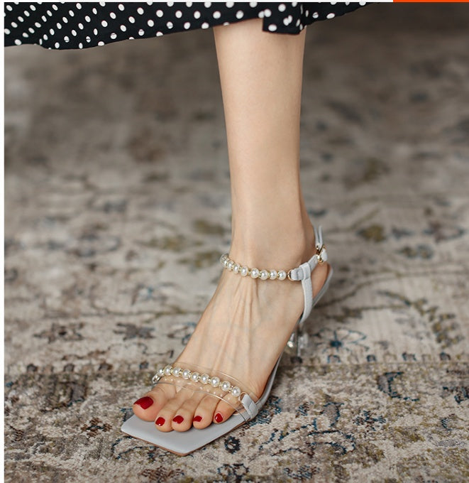 Small Square Toe Mid-heel High Heels With Pearl And Roman Sandals