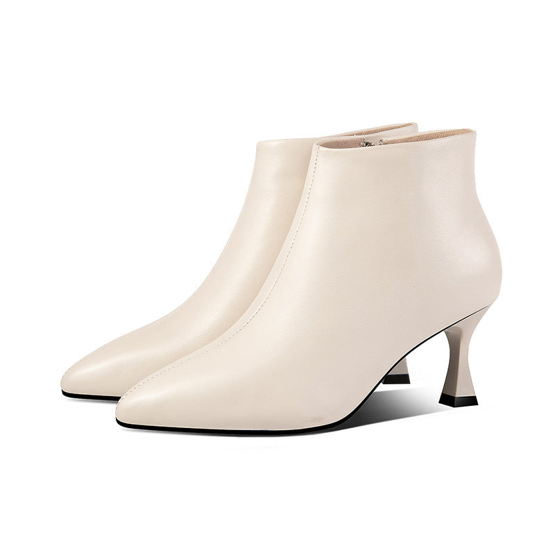 First Layer Cowhide Ankle Boots Women's Pointed Toe Stiletto Heels And Velvet Fashionable Nude Boots