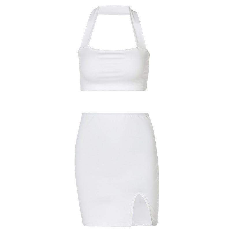 Halter design Pure Color Short Skirt Set