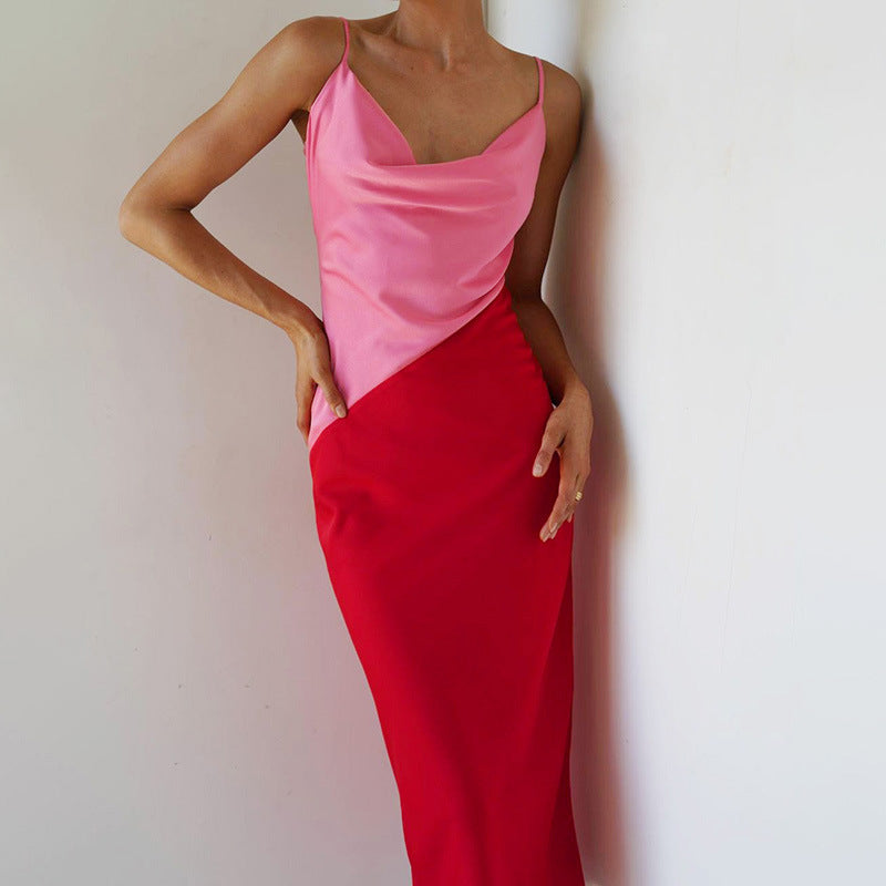 Irregular Colorblock Satin Dress