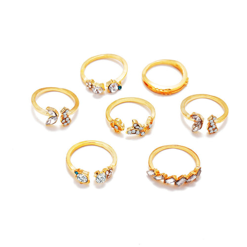 7-piece Vintage Crystal Ring Set With Diamonds, Butterflies And Flowers