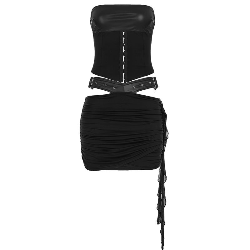 Leather Hollow Out Wrist Hanging Package Hip Skirt Suit
