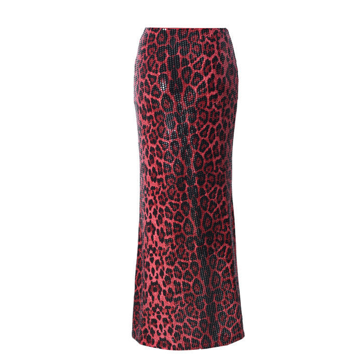 Leopard Sequin Stitching Stretch Skirt