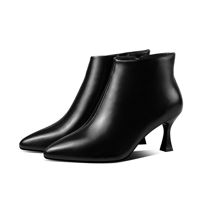First Layer Cowhide Ankle Boots Women's Pointed Toe Stiletto Heels And Velvet Fashionable Nude Boots