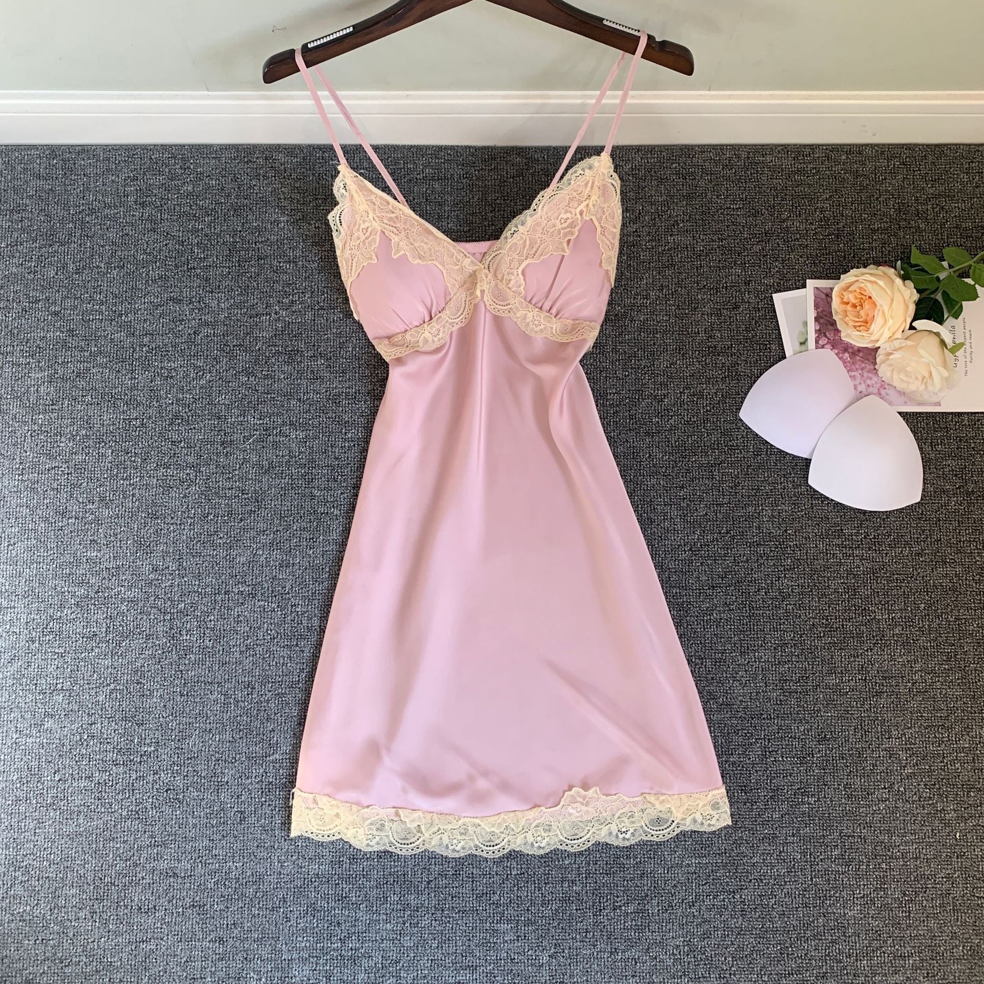 Ice Silk Nightdress with Chest Pad Girly
