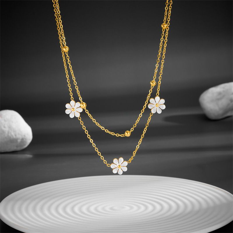 Stainless Steel Daisy Flower Necklace Double Layering