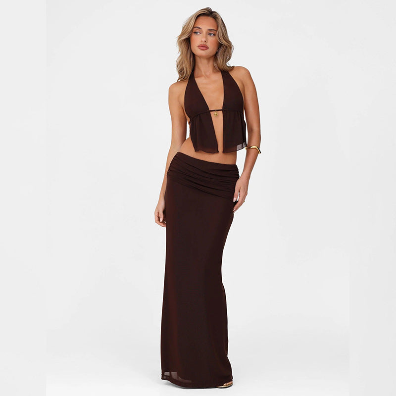 Halter Cut-out Top High Waist Hip Skirt