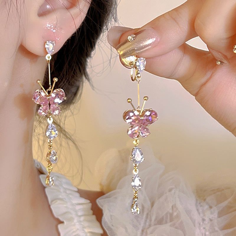 Zircon With Diamond Butterfly Tassel Romantic Earrings