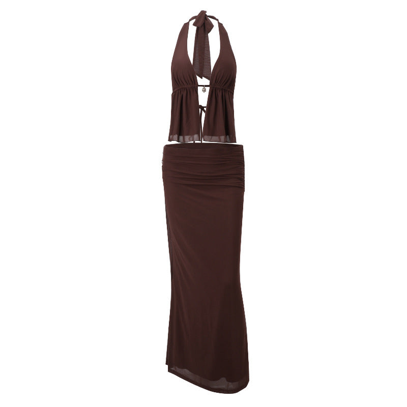 Halter Cut-out Top High Waist Hip Skirt
