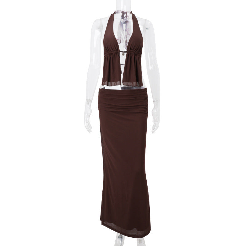 Halter Cut-out Top High Waist Hip Skirt