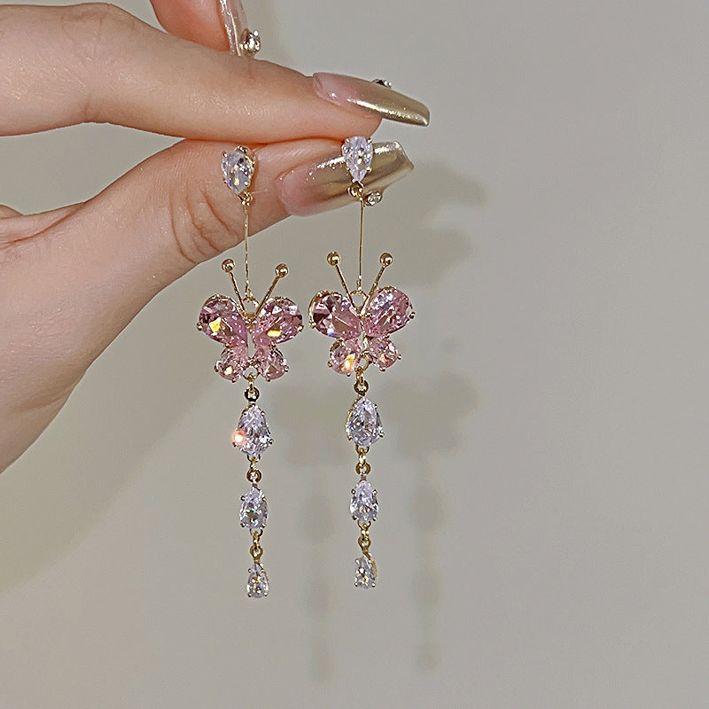 Zircon With Diamond Butterfly Tassel Romantic Earrings