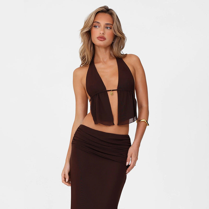 Halter Cut-out Top High Waist Hip Skirt