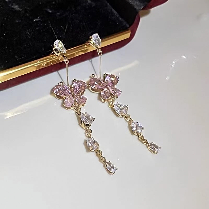Zircon With Diamond Butterfly Tassel Romantic Earrings