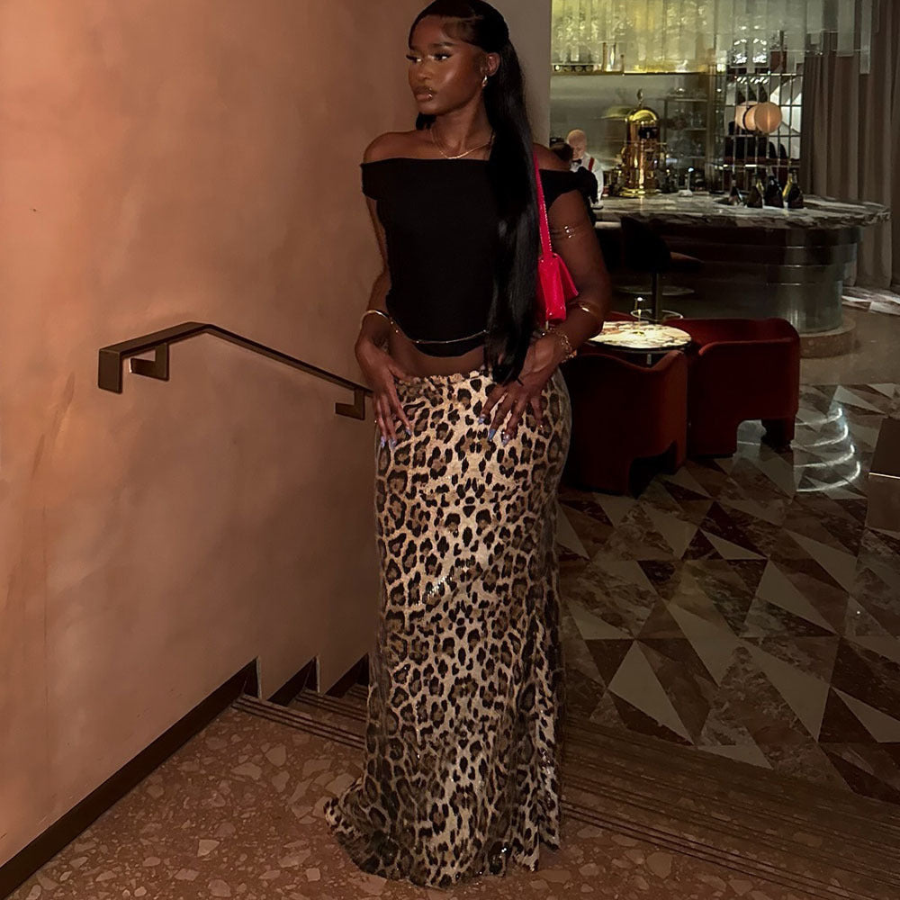 Leopard Sequin Stitching Stretch Skirt