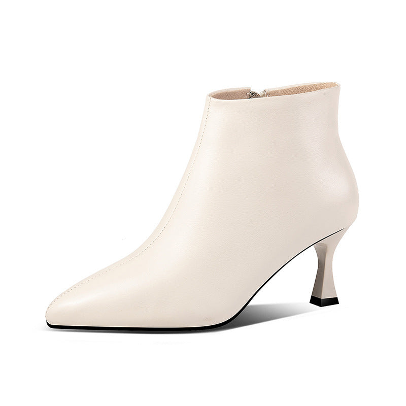 First Layer Cowhide Ankle Boots Women's Pointed Toe Stiletto Heels And Velvet Fashionable Nude Boots