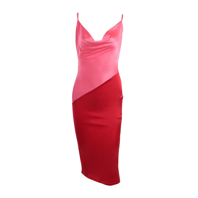Irregular Colorblock Satin Dress