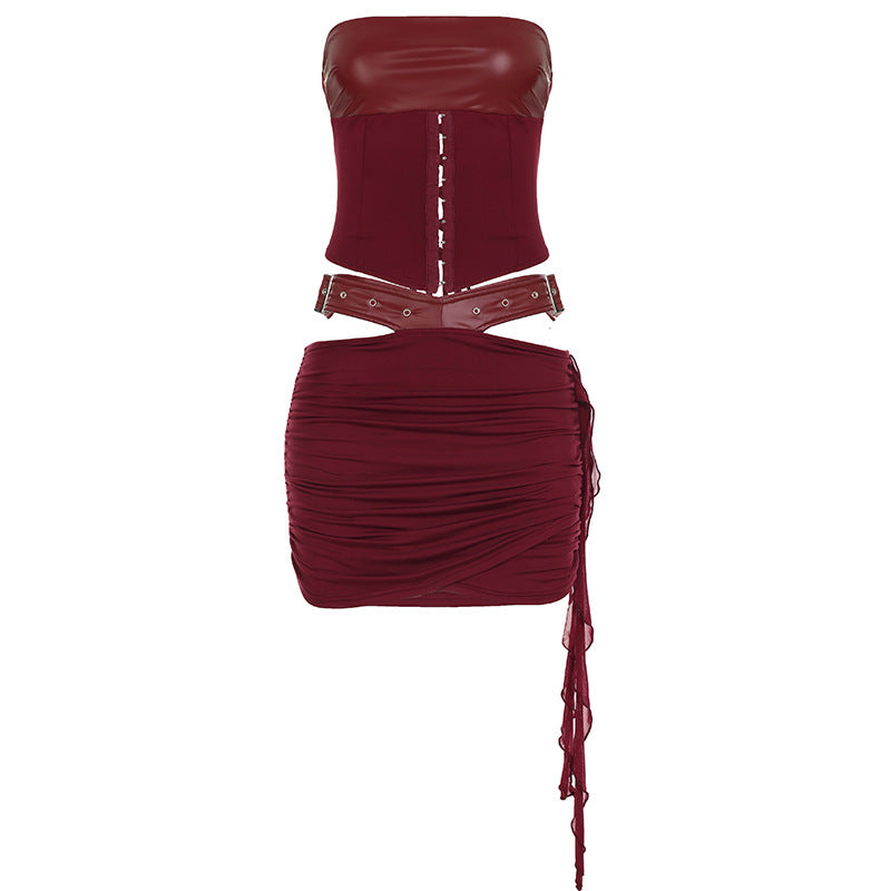 Leather Hollow Out Wrist Hanging Package Hip Skirt Suit
