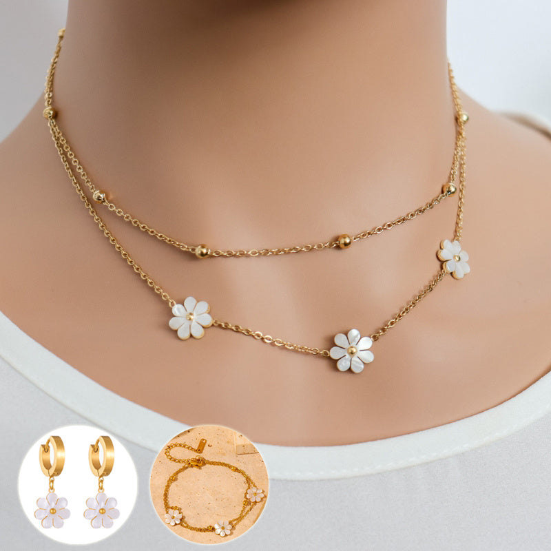 Stainless Steel Daisy Flower Necklace Double Layering
