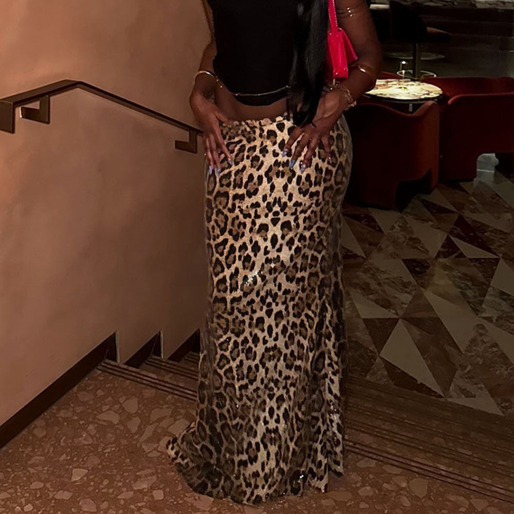 Leopard Sequin Stitching Stretch Skirt